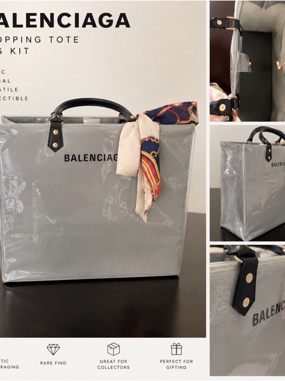 Upcycled Balenciaga PVC Tote with Black Handles and Scarf